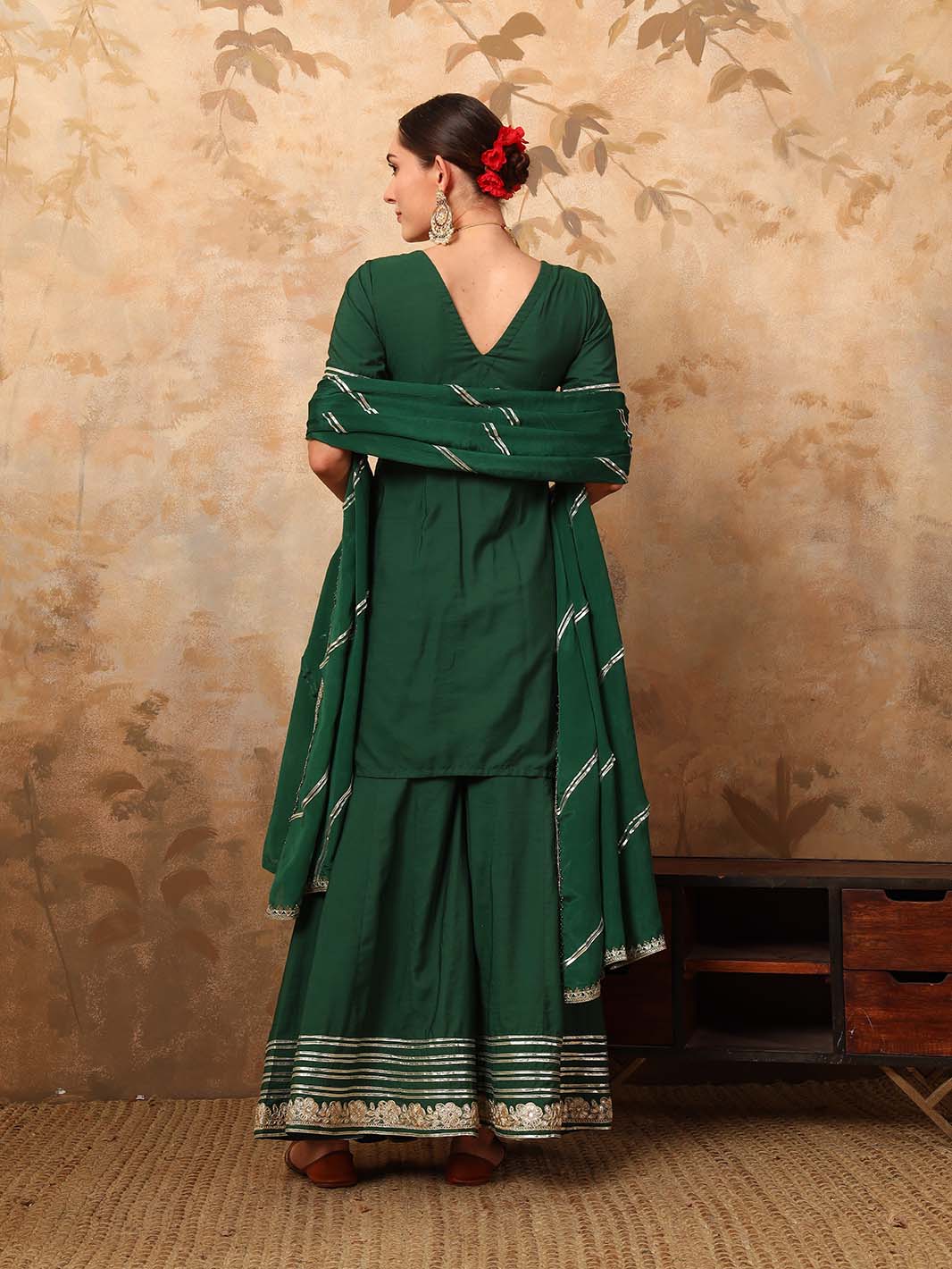 Bottle Green Gota Detailed Kurta Sharara Set with Dupatta - Mahukaa