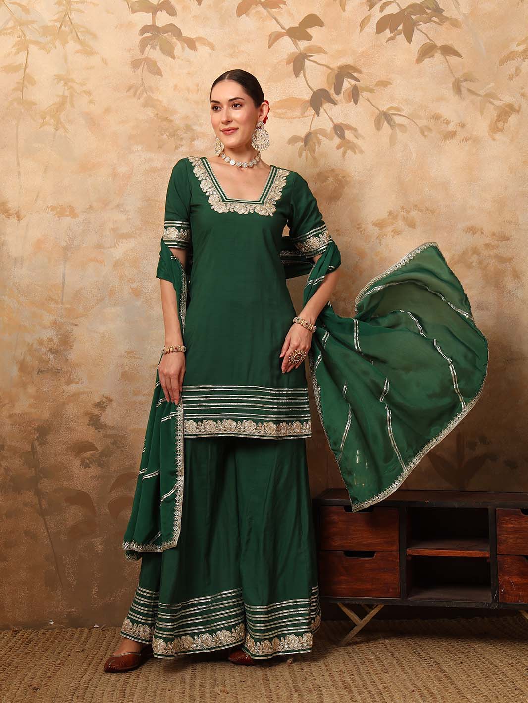 Bottle Green Gota Detailed Kurta Sharara Set with Dupatta - Mahukaa