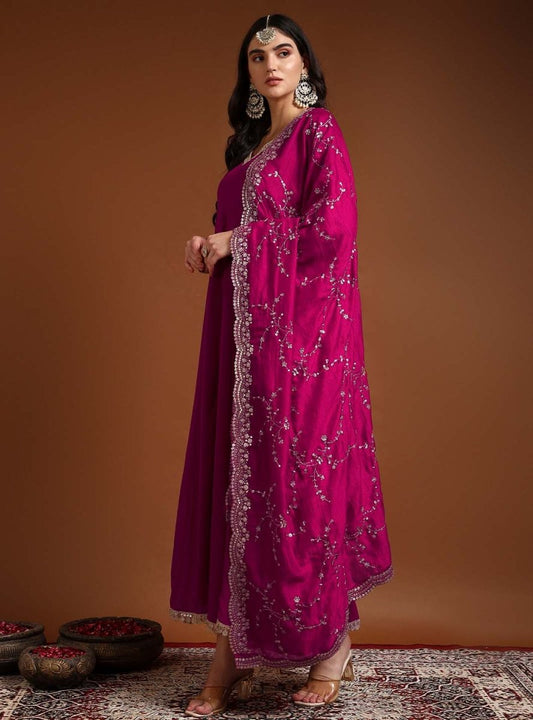 Fushcia pink anarkali set with dupatta - Mahukaa