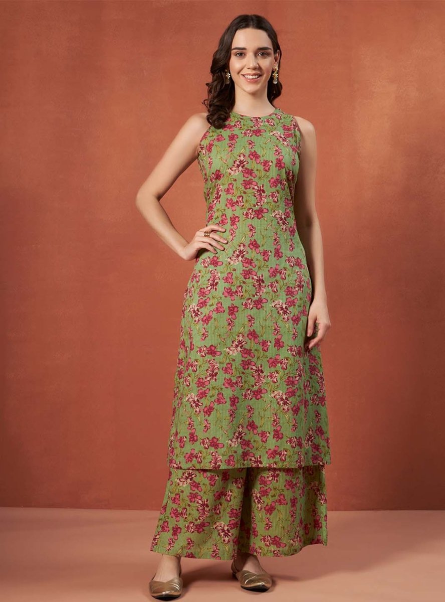 Green Floral A - Line Kurta Set with Halter Neck and Screen Print Detailing - Mahukaa