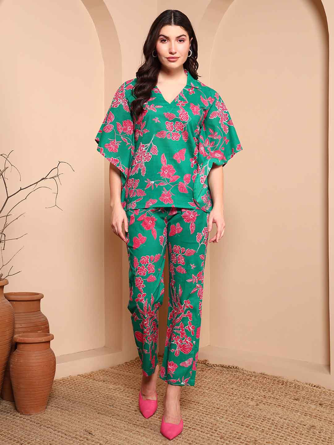 Green Floral Print Pure Cotton Night Suit with Shirt Collar - Mahukaa