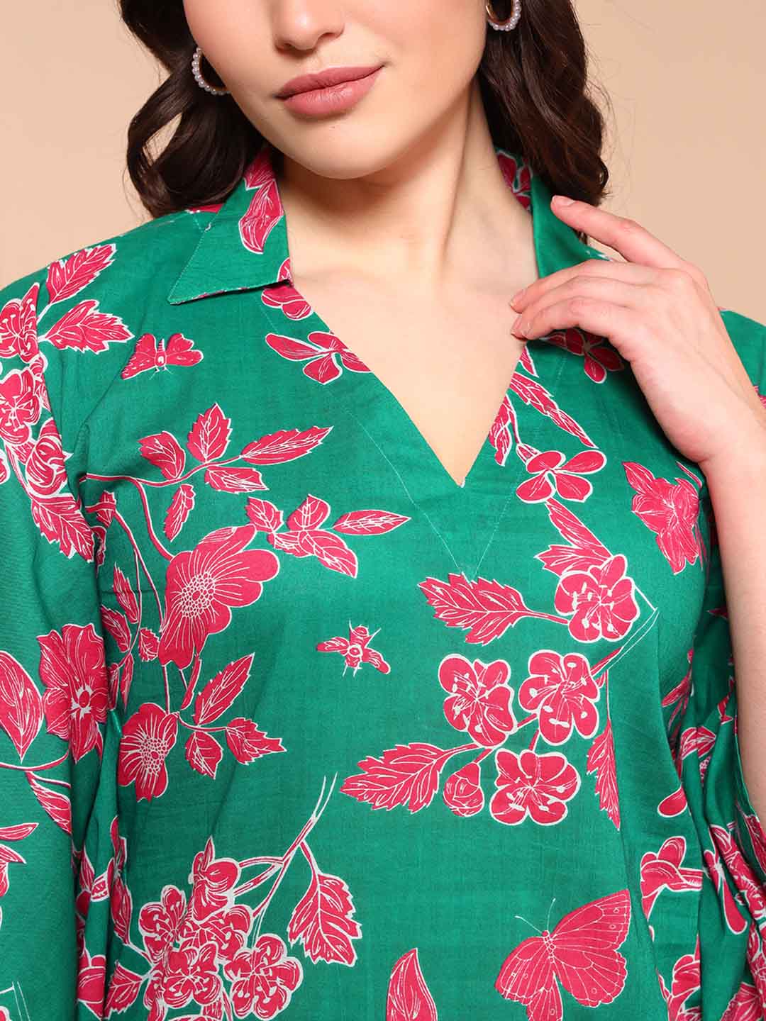 Green Floral Print Pure Cotton Night Suit with Shirt Collar - Mahukaa