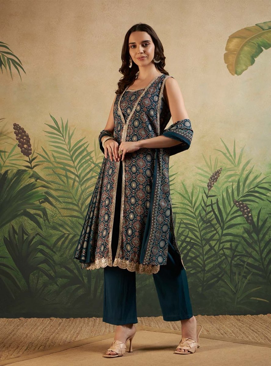 Green V - Neck Fusion Kurta Set with Blouse & Printed Dupatta - Mahukaa