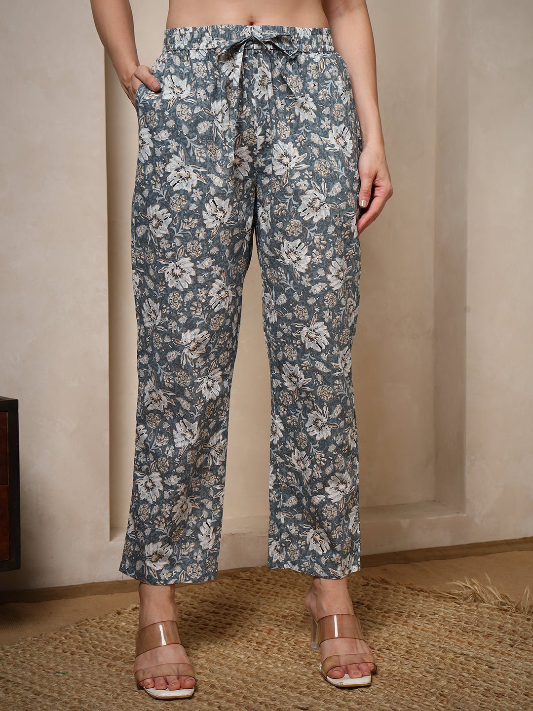 Grey Pure Cotton Floral Night Suit with Mandarin Collar - Mahukaa
