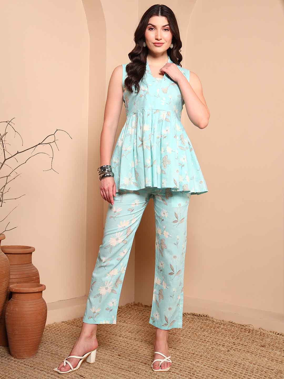 Light Blue Floral A - Line Co - ord Set - Mahukaa