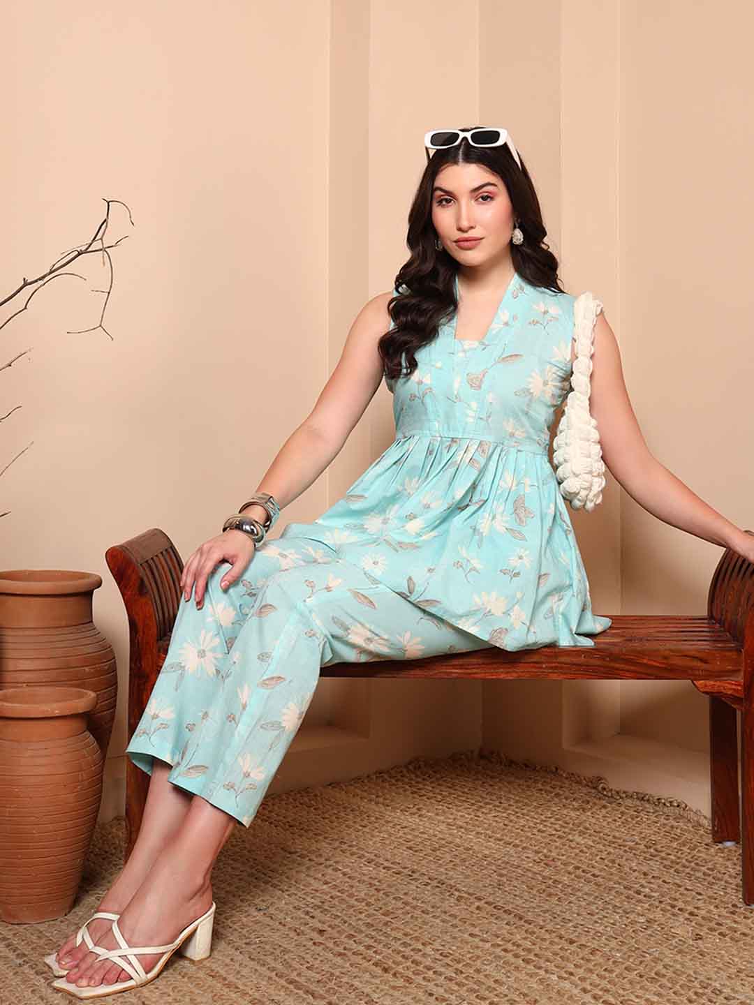 Light Blue Floral A - Line Co - ord Set - Mahukaa