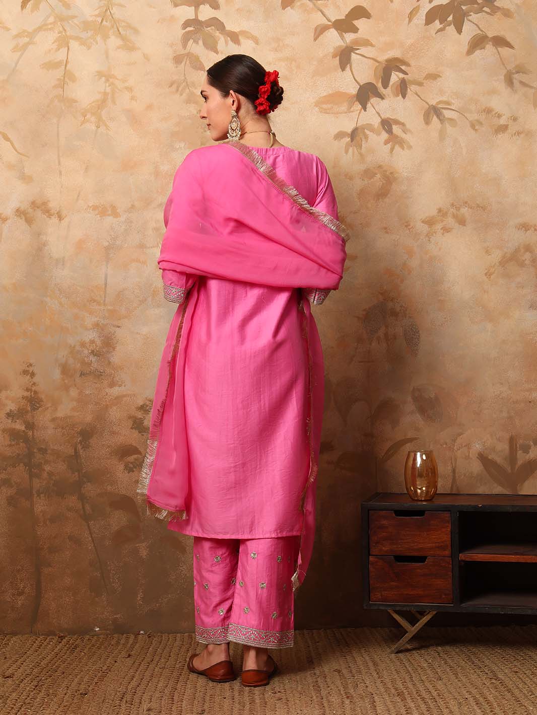 Light Deep Pink Embroidered Chanderi Silk Kurta Set - Mahukaa