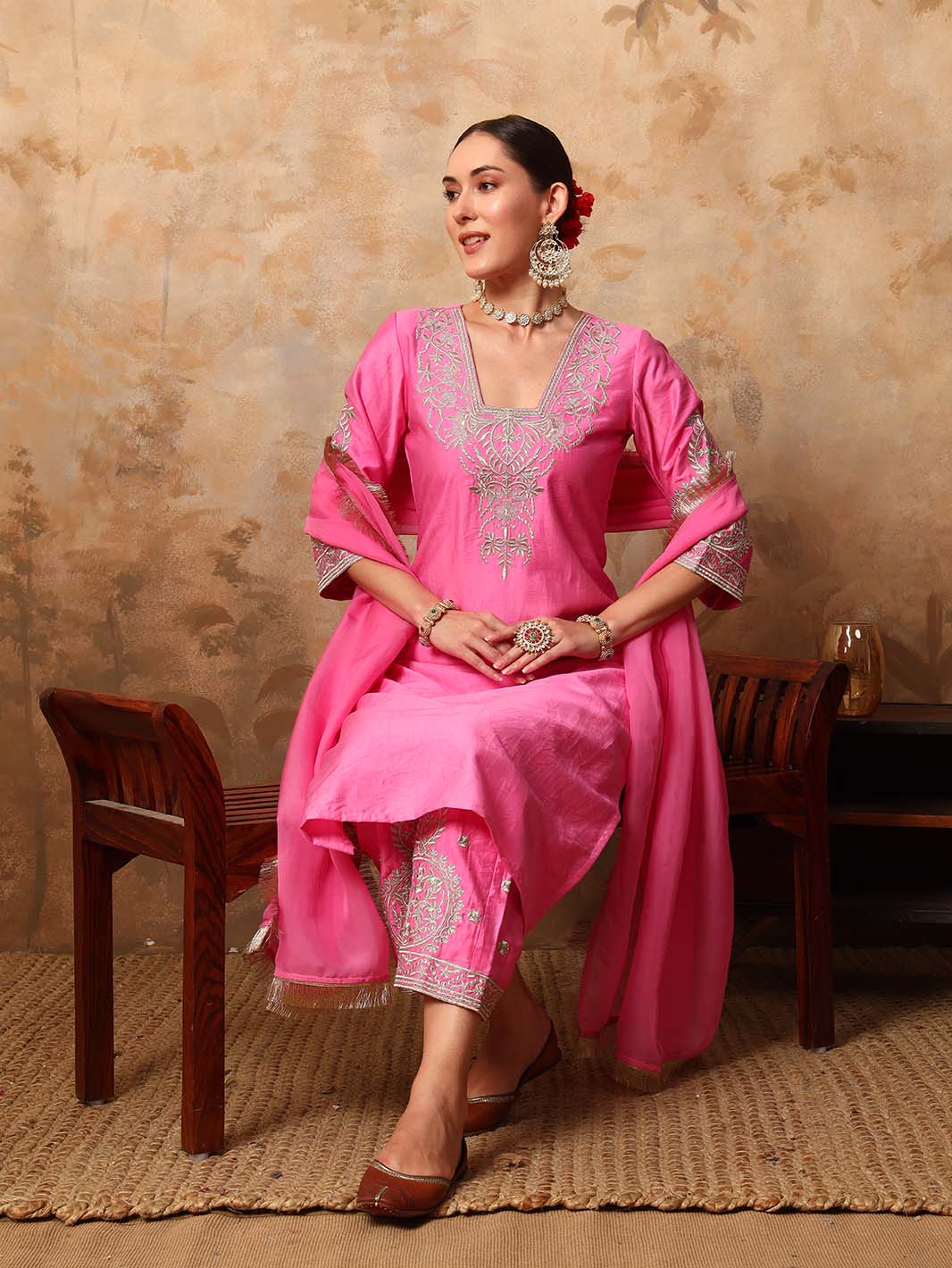 Light Deep Pink Embroidered Chanderi Silk Kurta Set - Mahukaa
