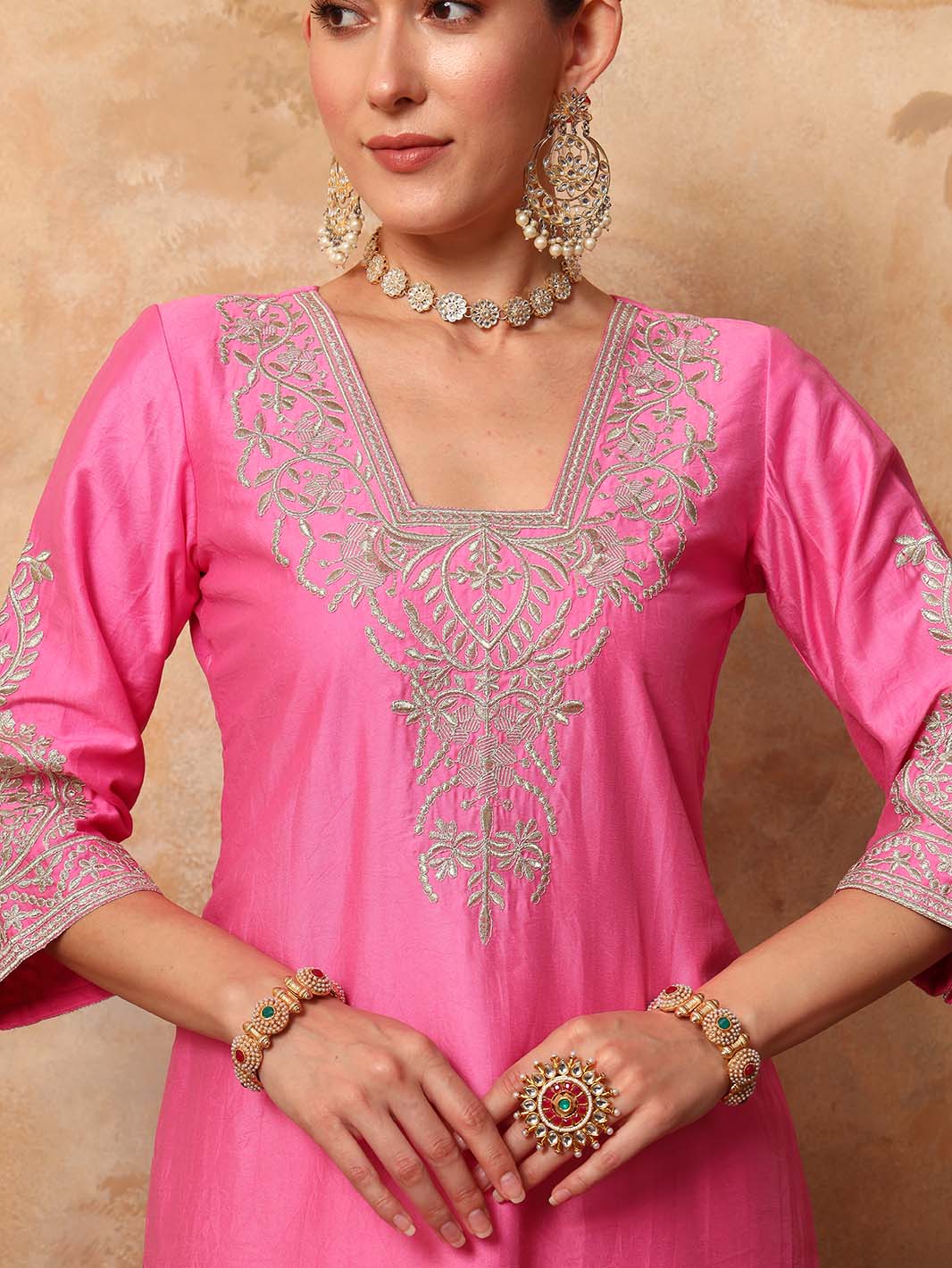 Light Deep Pink Embroidered Chanderi Silk Kurta Set - Mahukaa