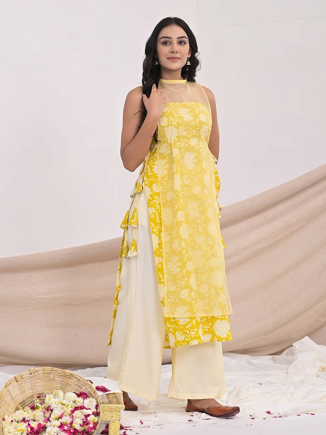 Light Yellow Bagru Block Printed Straight Kurti with Chanderi Palazzo - Mahukaa