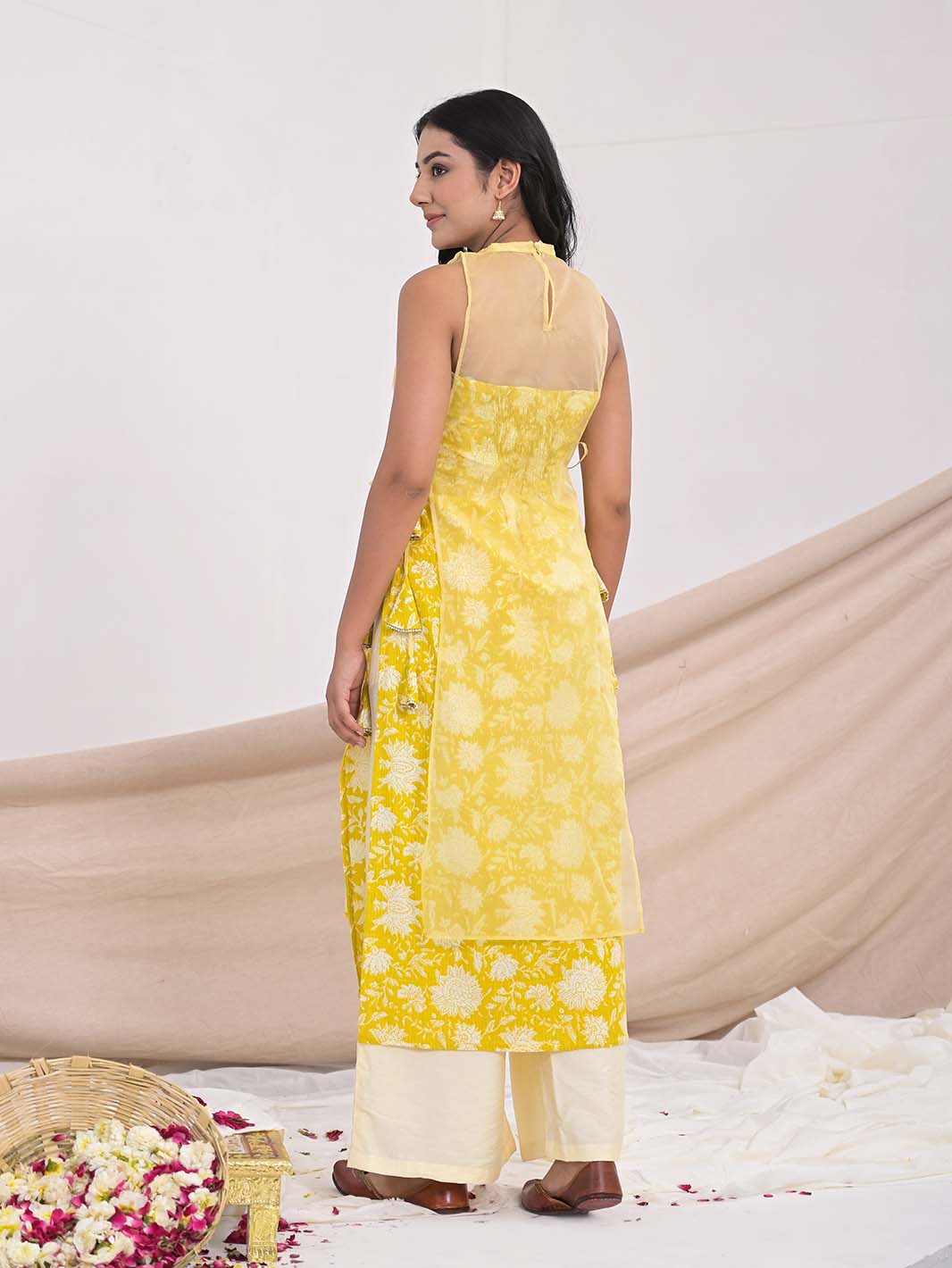 Light Yellow Bagru Block Printed Straight Kurti with Chanderi Palazzo - Mahukaa