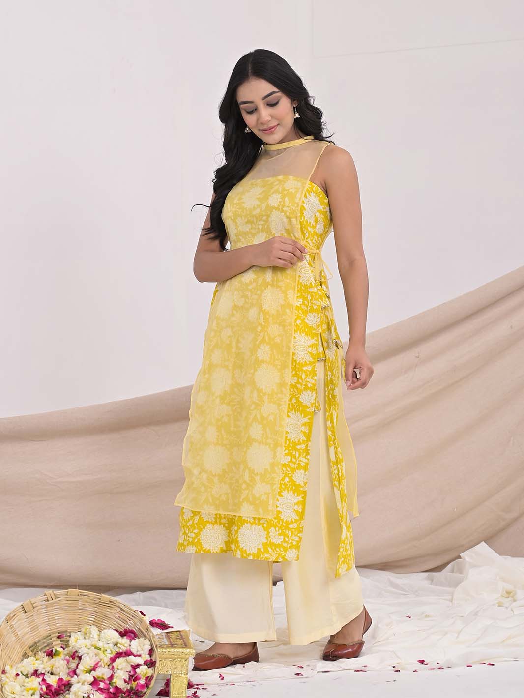 Light Yellow Bagru Block Printed Straight Kurti with Chanderi Palazzo - Mahukaa