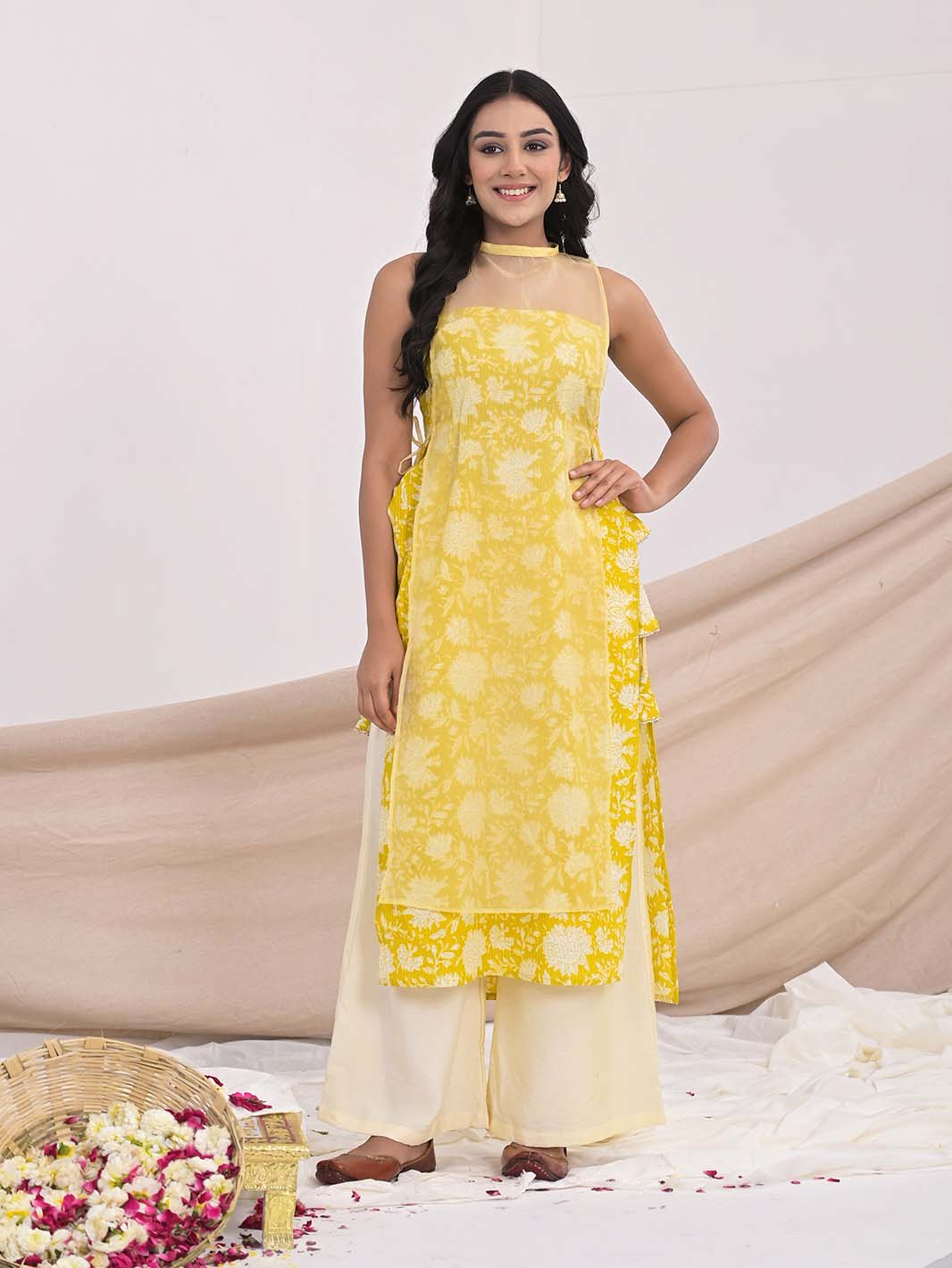 Light Yellow Bagru Block Printed Straight Kurti with Chanderi Palazzo - Mahukaa