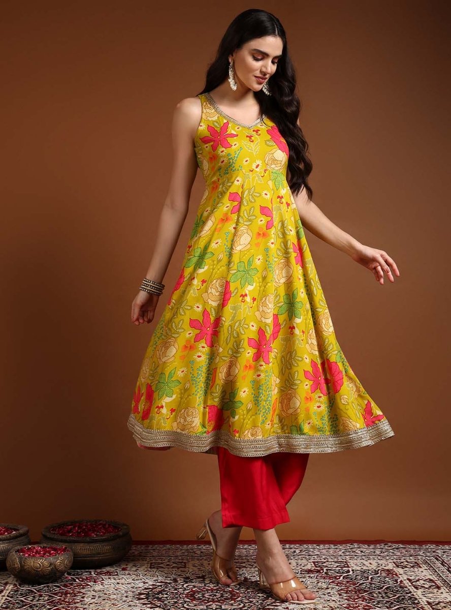 Lime green floral printed anarkali set with dupatta - Mahukaa