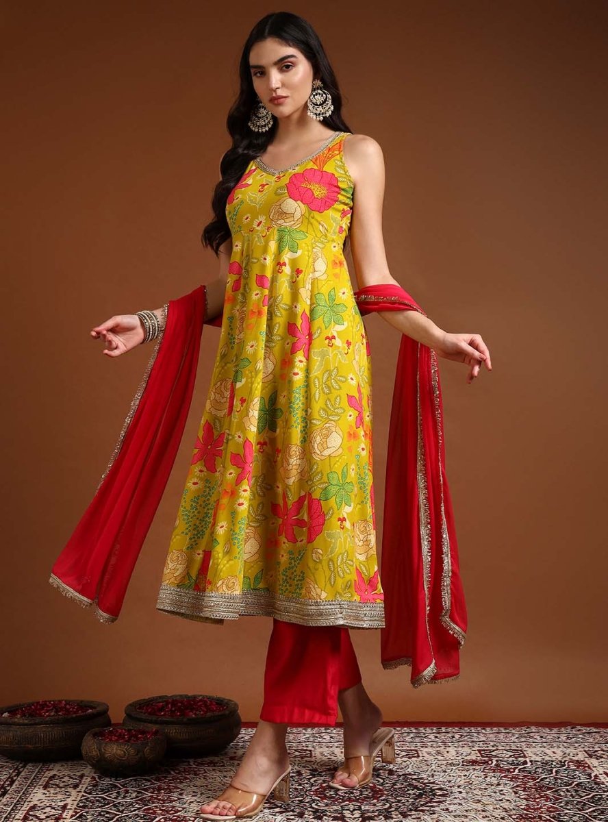 Lime green floral printed anarkali set with dupatta - Mahukaa