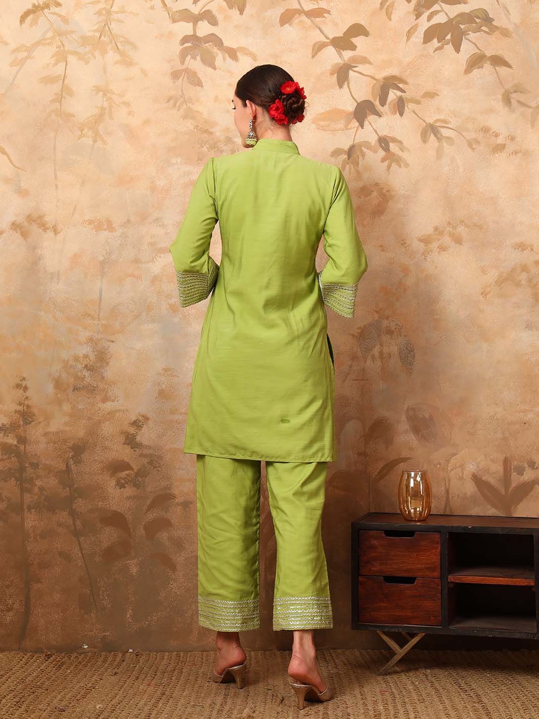 Back view of lime green pure cotton Kurta Set with Mandarin Collar and Gota Work - Mahukaa
