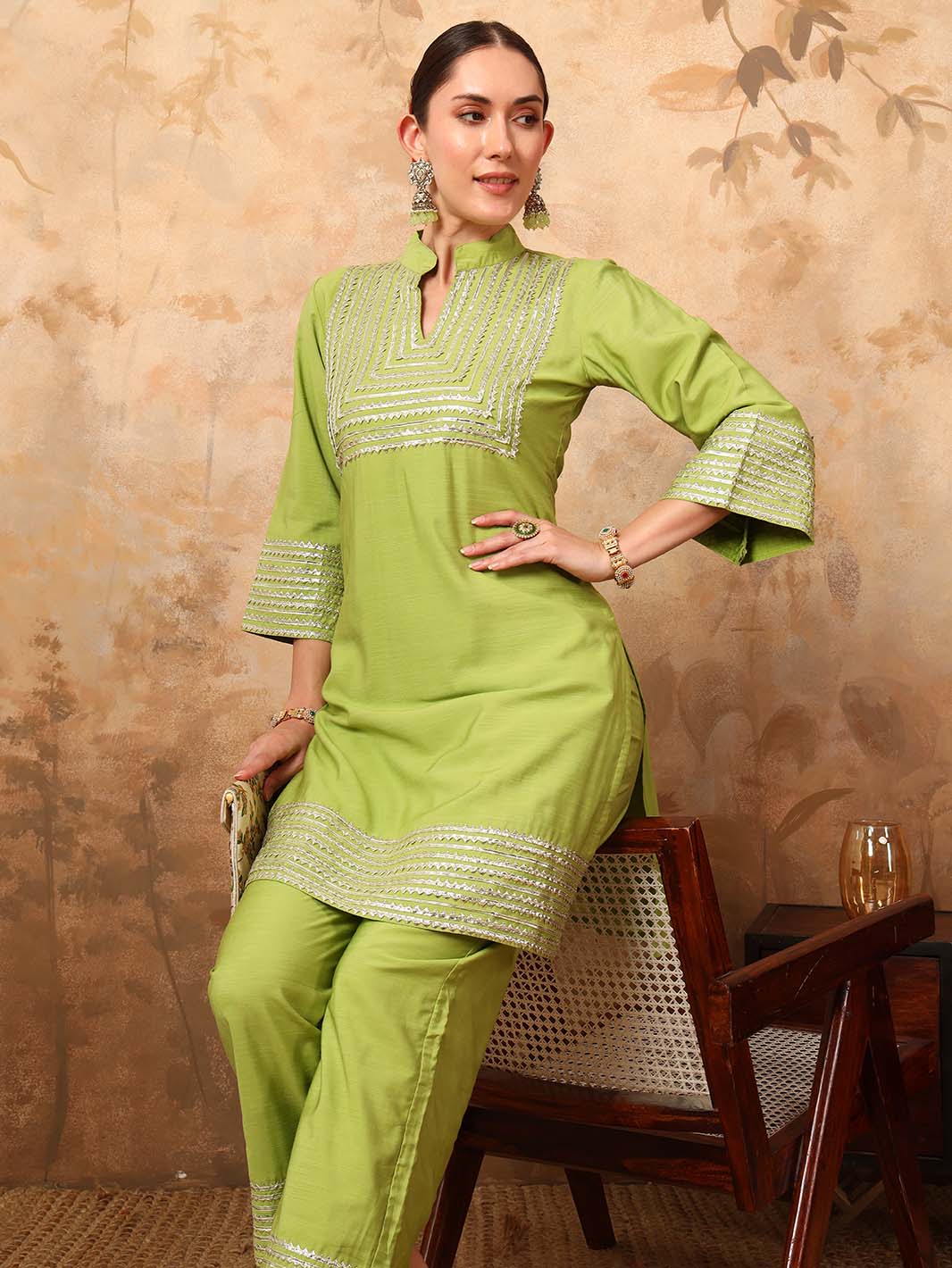 Stylish lime green cotton kurta set with intricate gota detailing – Mahukaa ethnic fashion for celebrations