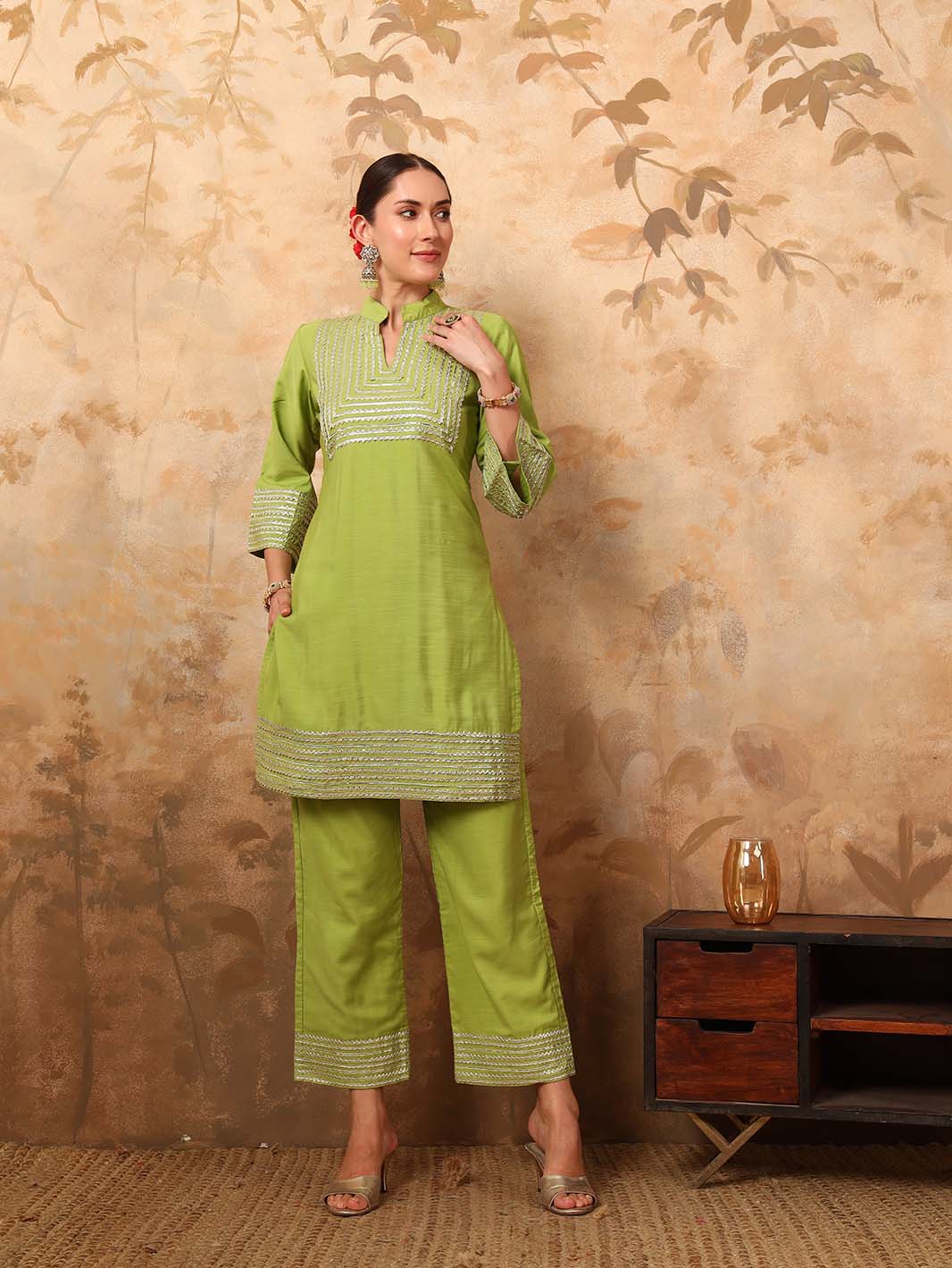 Women in lime green pure cotton kurta set with mandarin collar and gota work – Mahukaa traditional wear