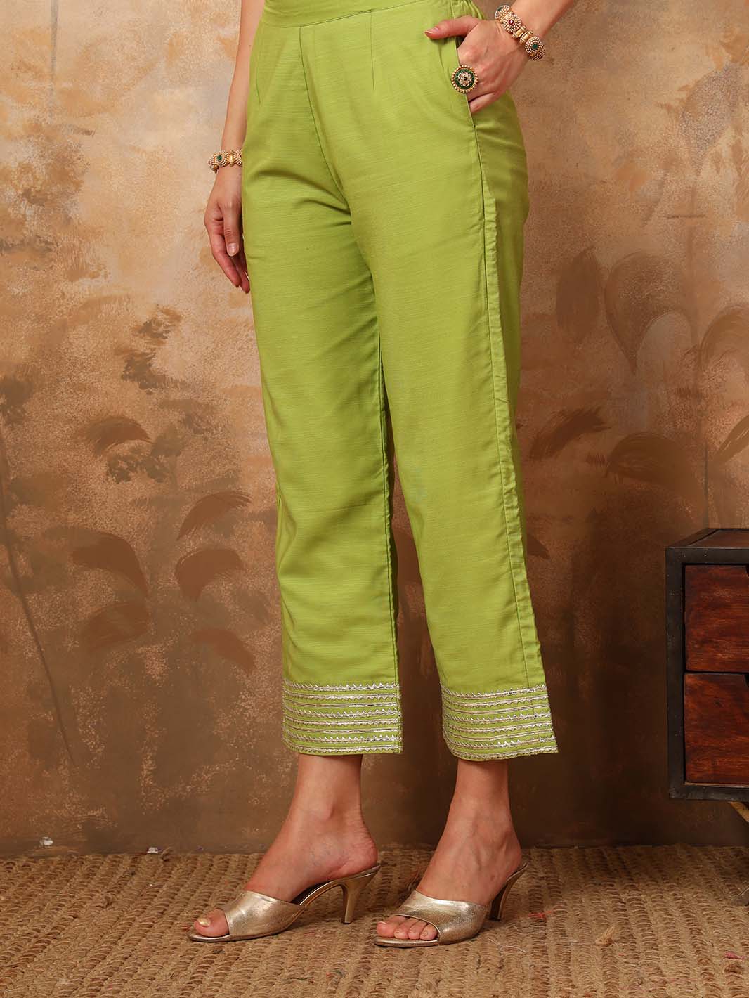Lime Green Pure Cotton Kurta Set Pant in Gota Detailing