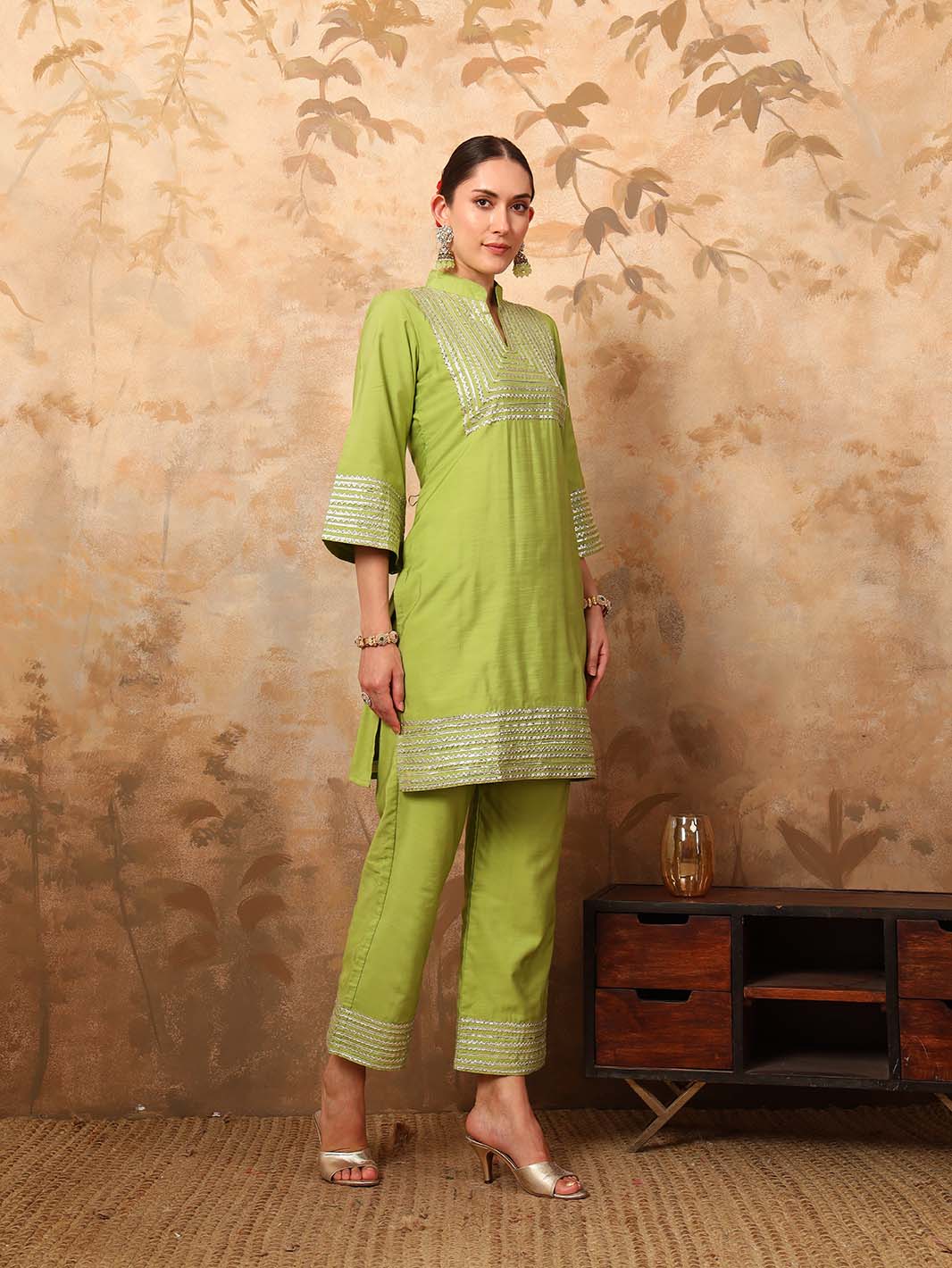 Lime Green Pure Cotton Kurta Set with Mandarin Collar and Gota Work - Mahukaa