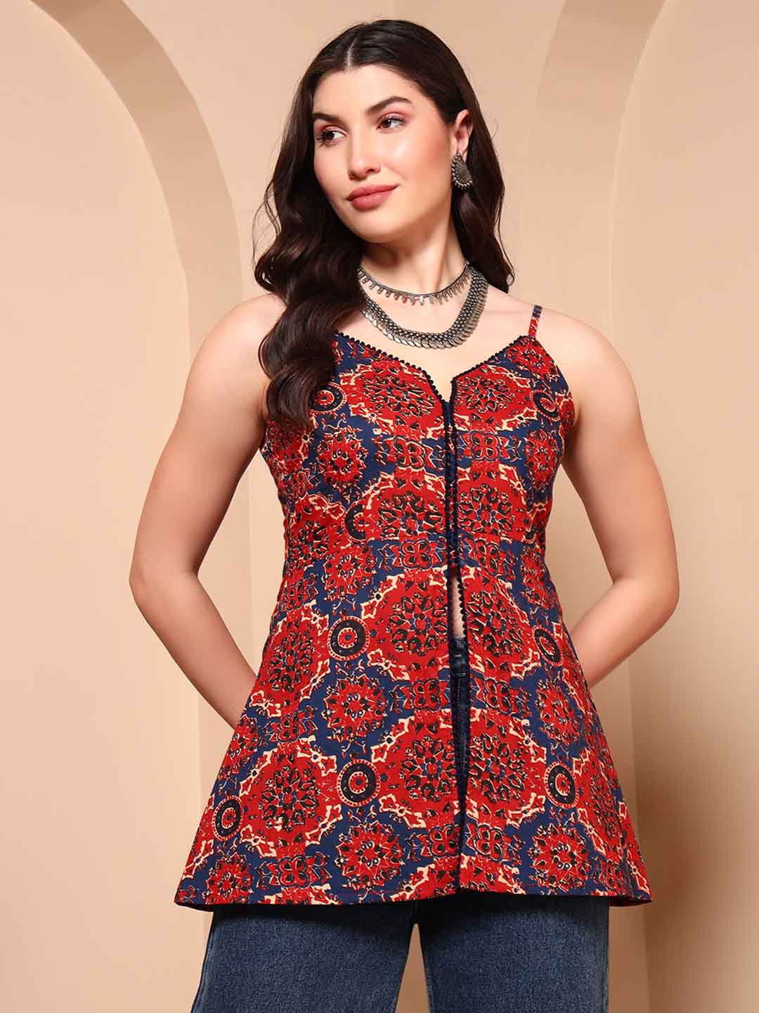 Maroon Ajrak Cotton Tunic with Spaghetti Straps - Mahukaa