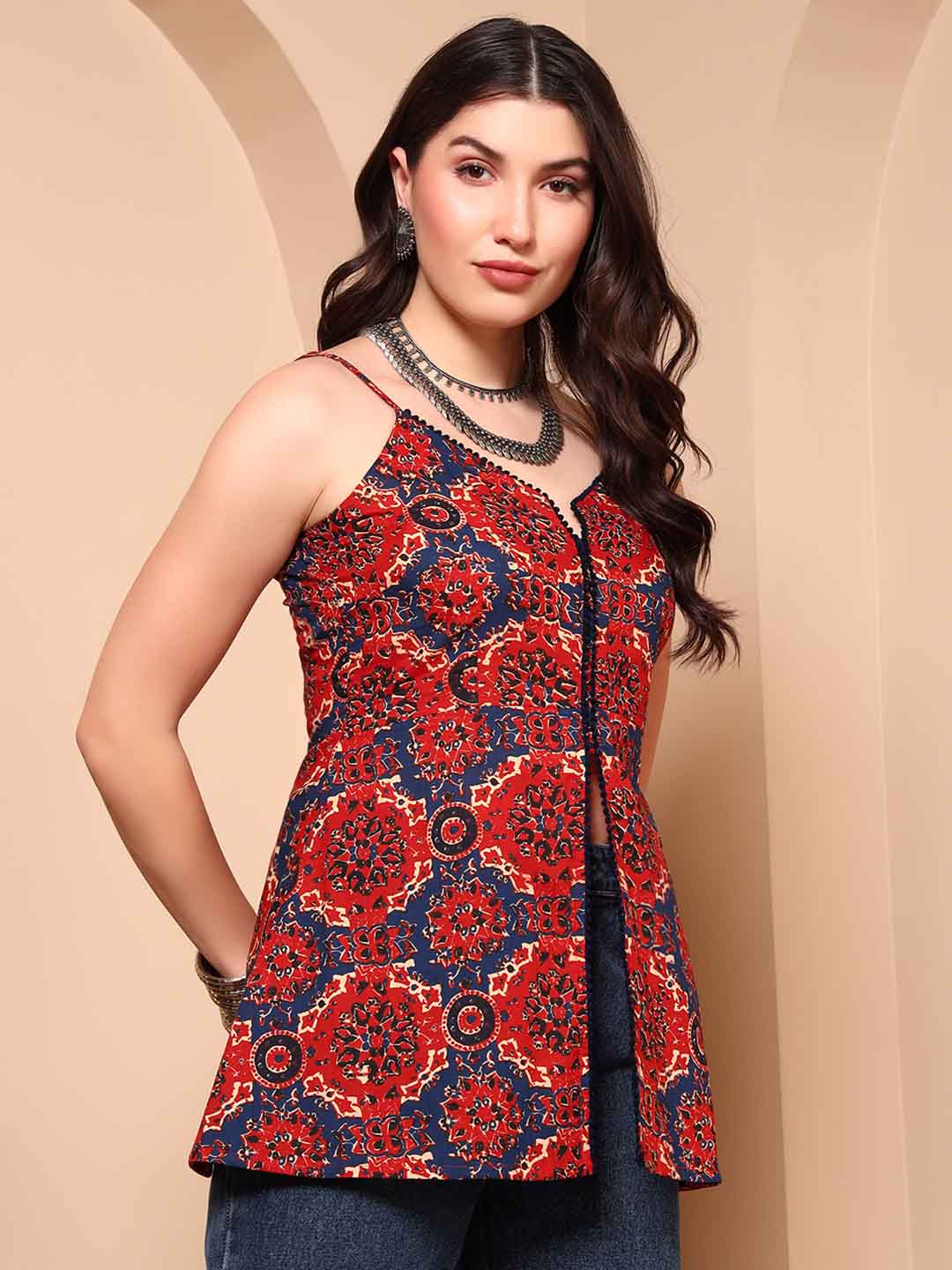 Maroon Ajrak Cotton Tunic with Spaghetti Straps - Mahukaa