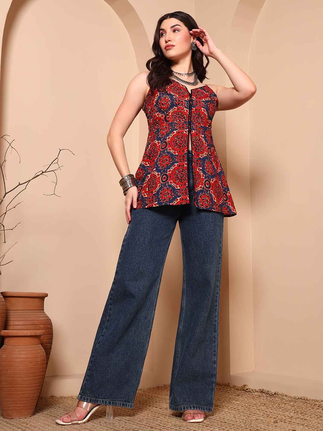 Maroon Ajrak Cotton Tunic with Spaghetti Straps - Mahukaa