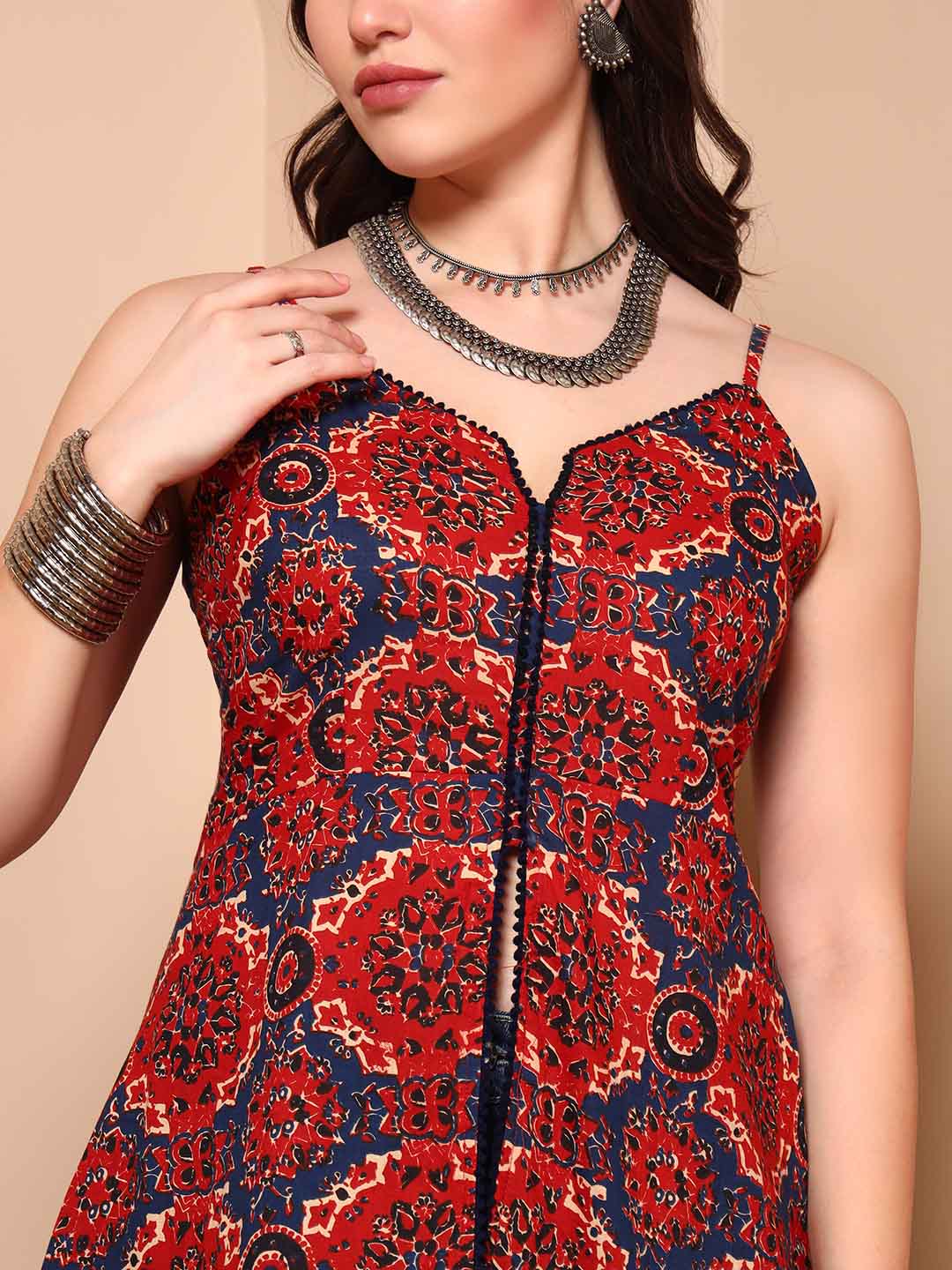Maroon Ajrak Cotton Tunic with Spaghetti Straps - Mahukaa