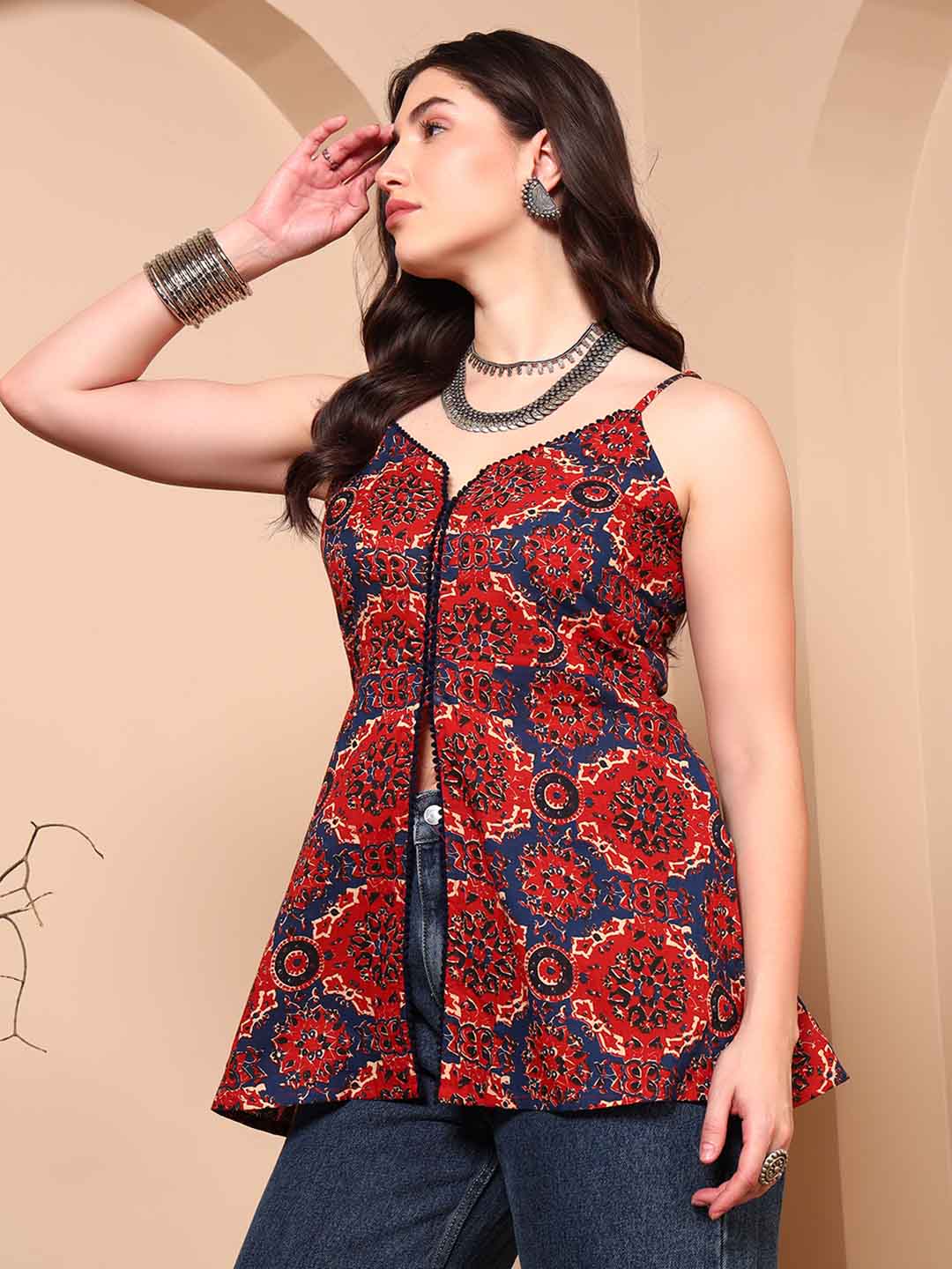 Maroon Ajrak Cotton Tunic with Spaghetti Straps - Mahukaa