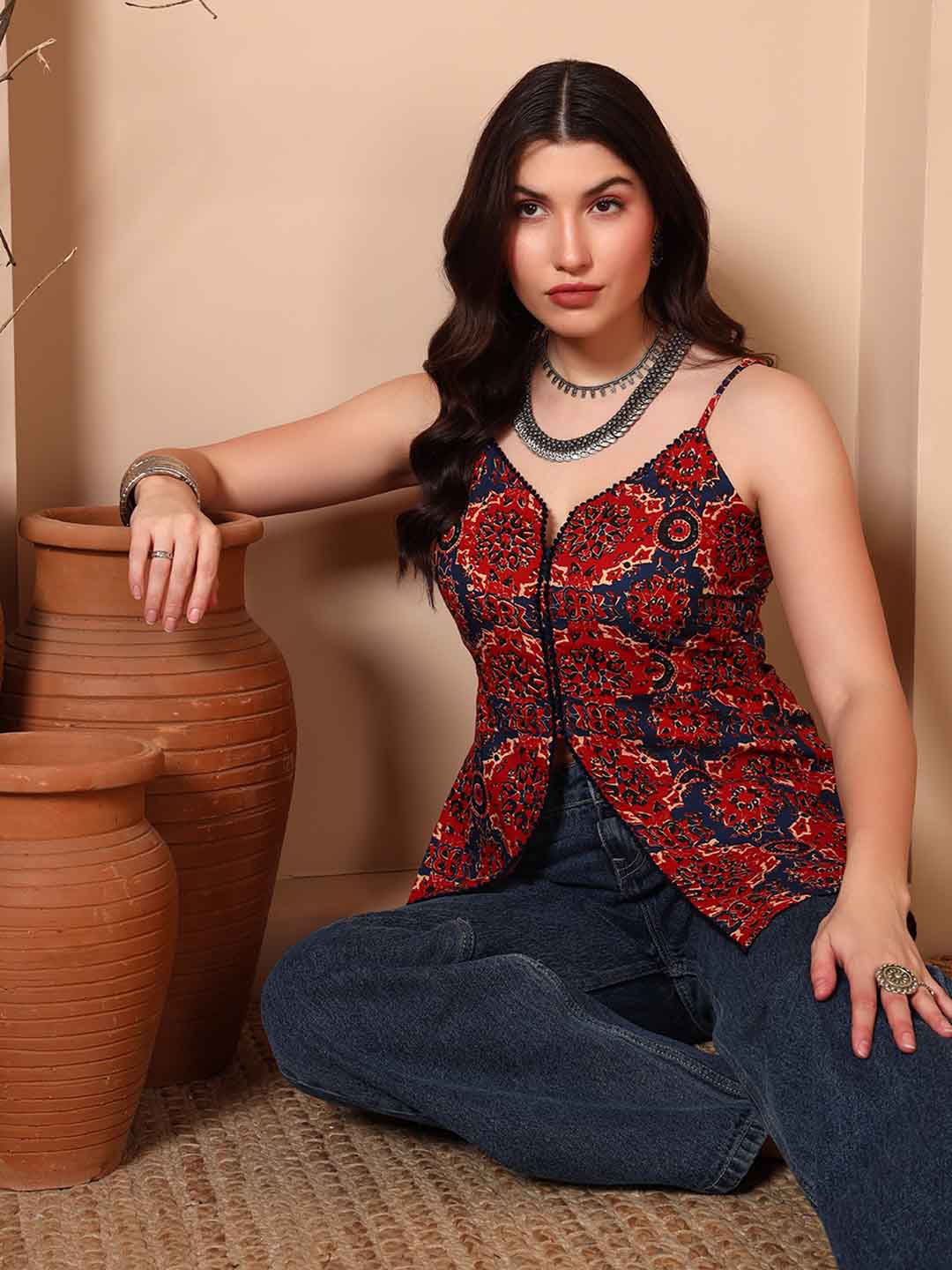 Maroon Ajrak Cotton Tunic with Spaghetti Straps - Mahukaa