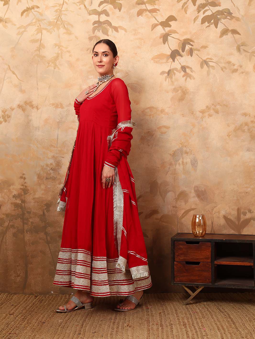 Maroon Georgette Anarkali Kurta Set with Round Neck, Gota Lace & Dupat Mahukaa Maroon Georgette Anarkali Kurta Set with Round Neck, Gota Lace & Dupat Mahukaa