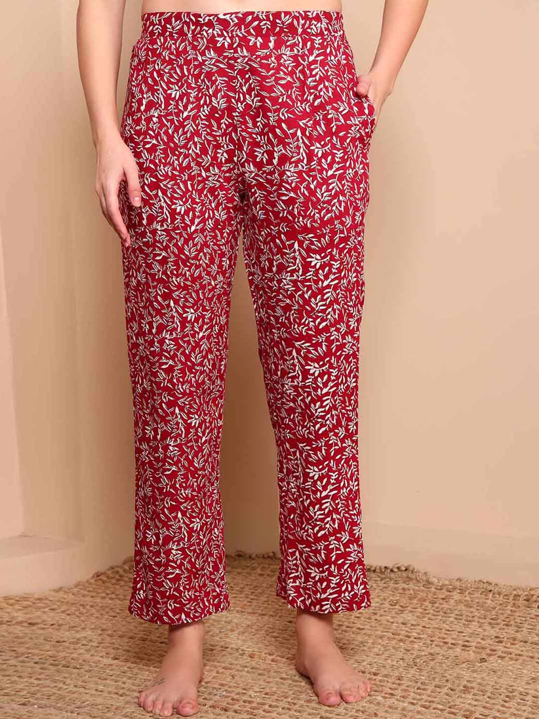 Maroon Floral Cotton Night Suit with Mandarin Collar - Mahukaa