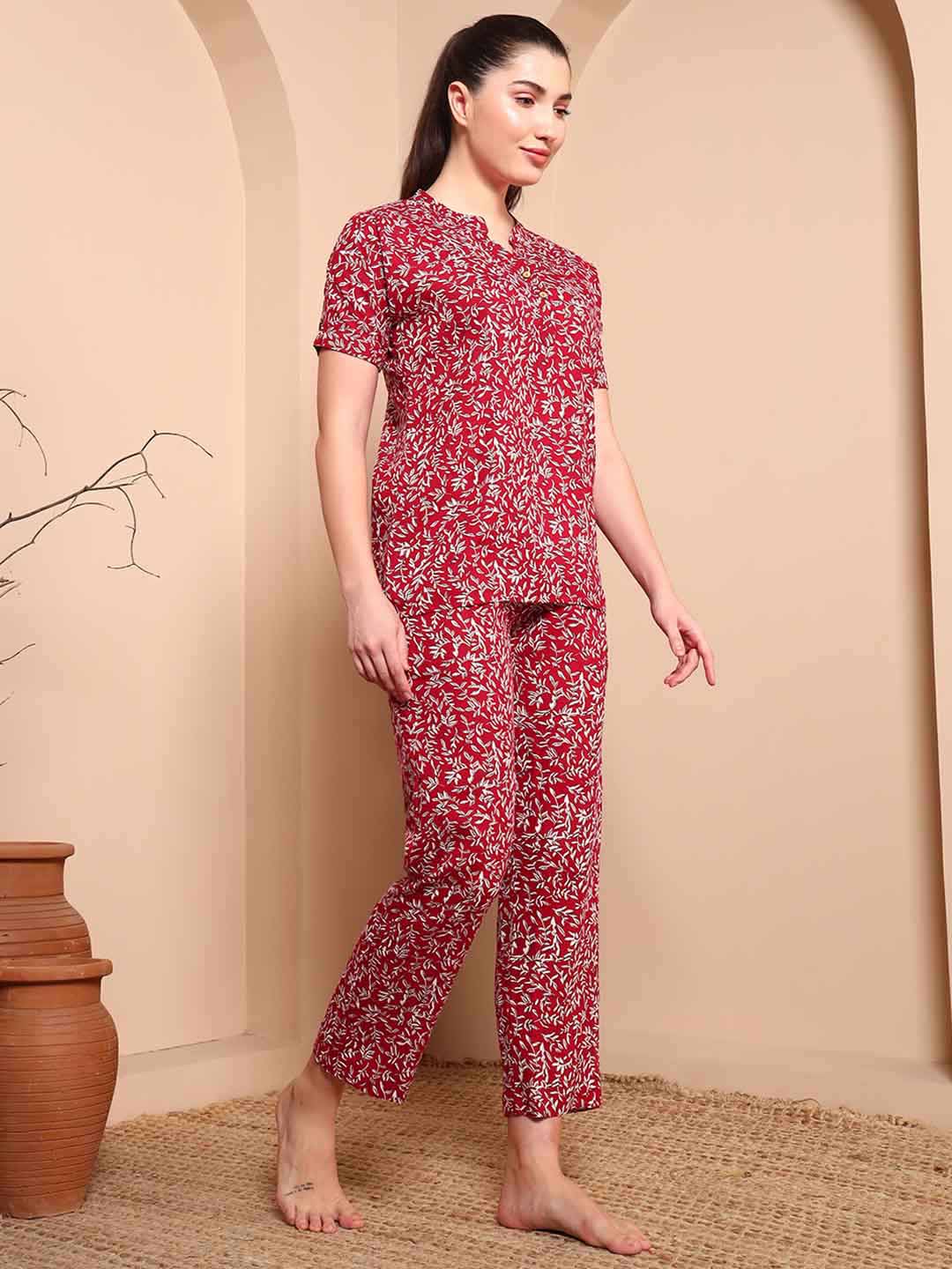 Maroon Floral Cotton Night Suit with Mandarin Collar - Mahukaa