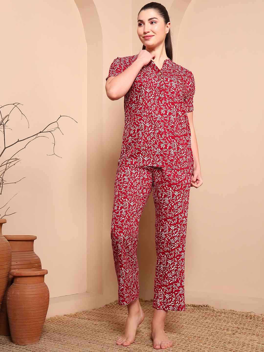 Maroon Floral Cotton Night Suit with Mandarin Collar - Mahukaa