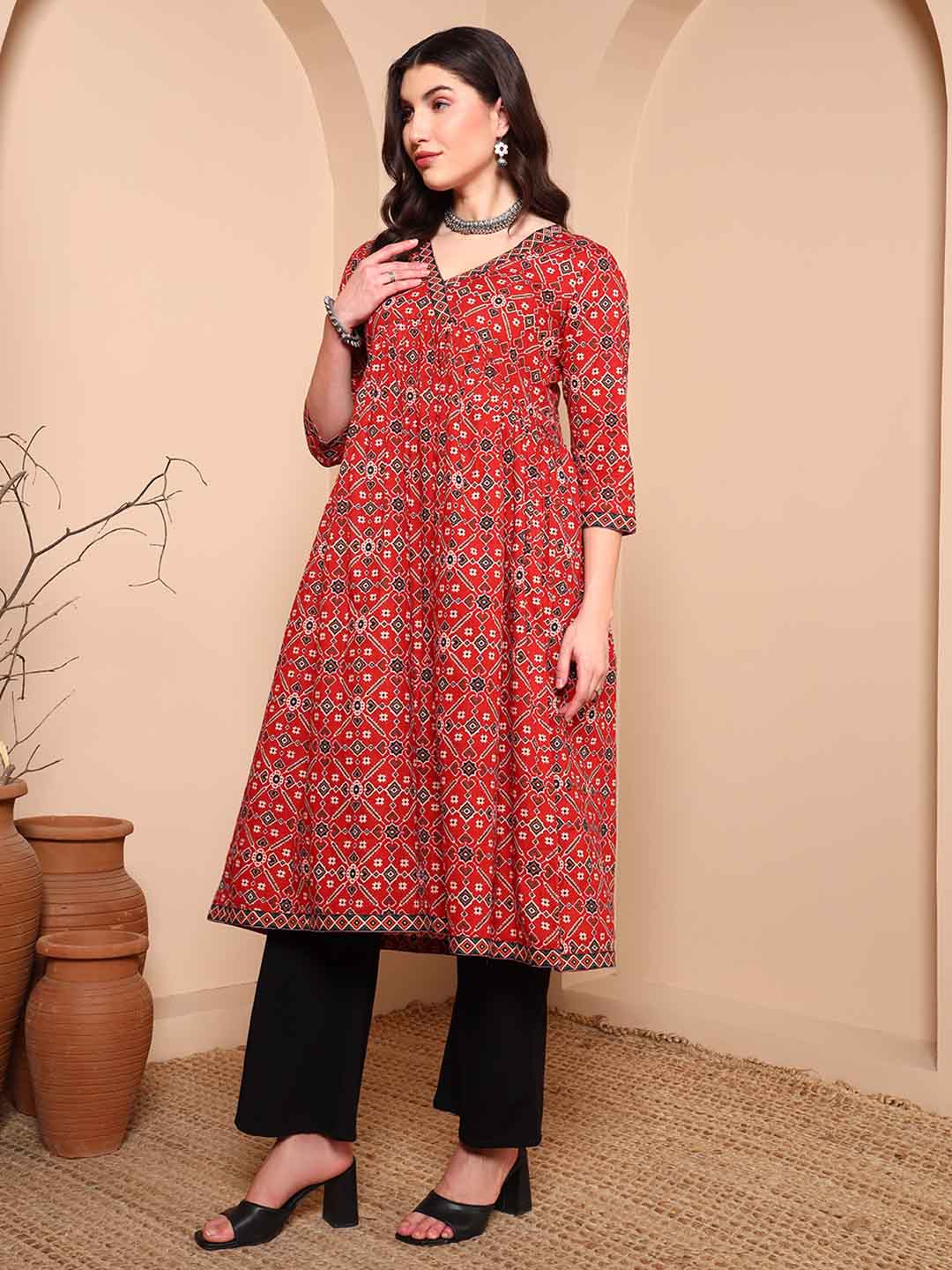 Maroon Pure Cotton Patola Print Angrakha Kurta - Mahukaa