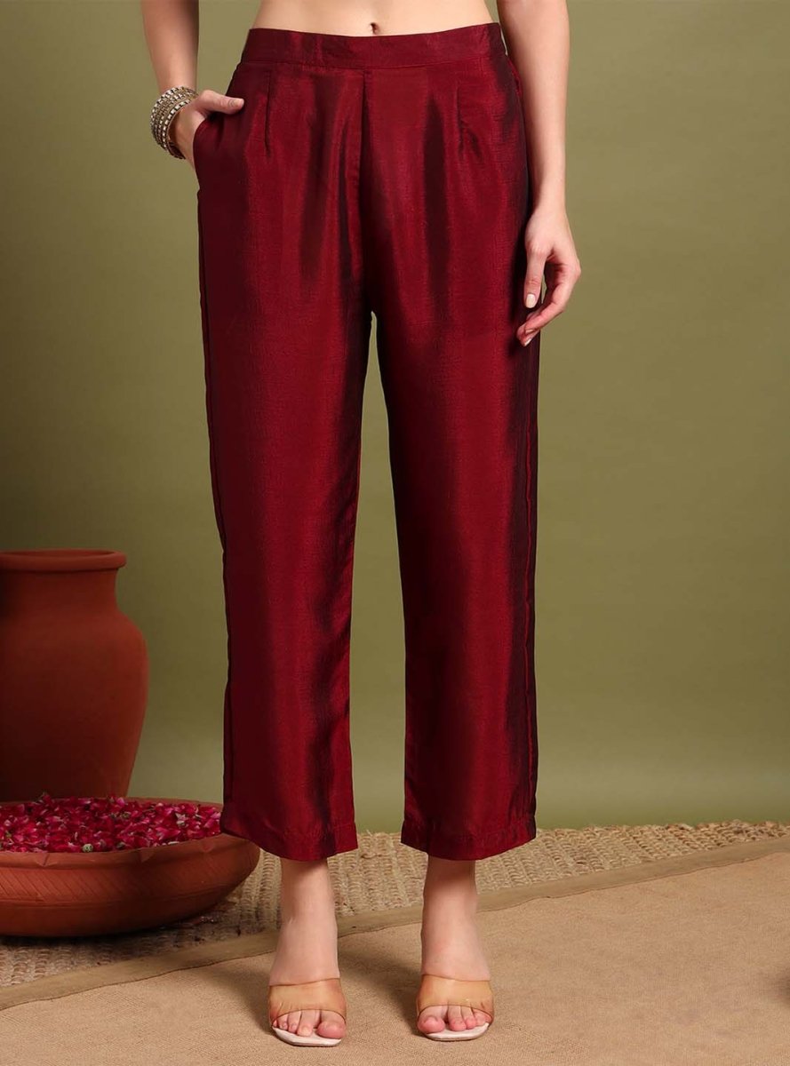 Maroon V - neckline Kurta Set With Embrodiry Detaling & Dupatta - Mahukaa