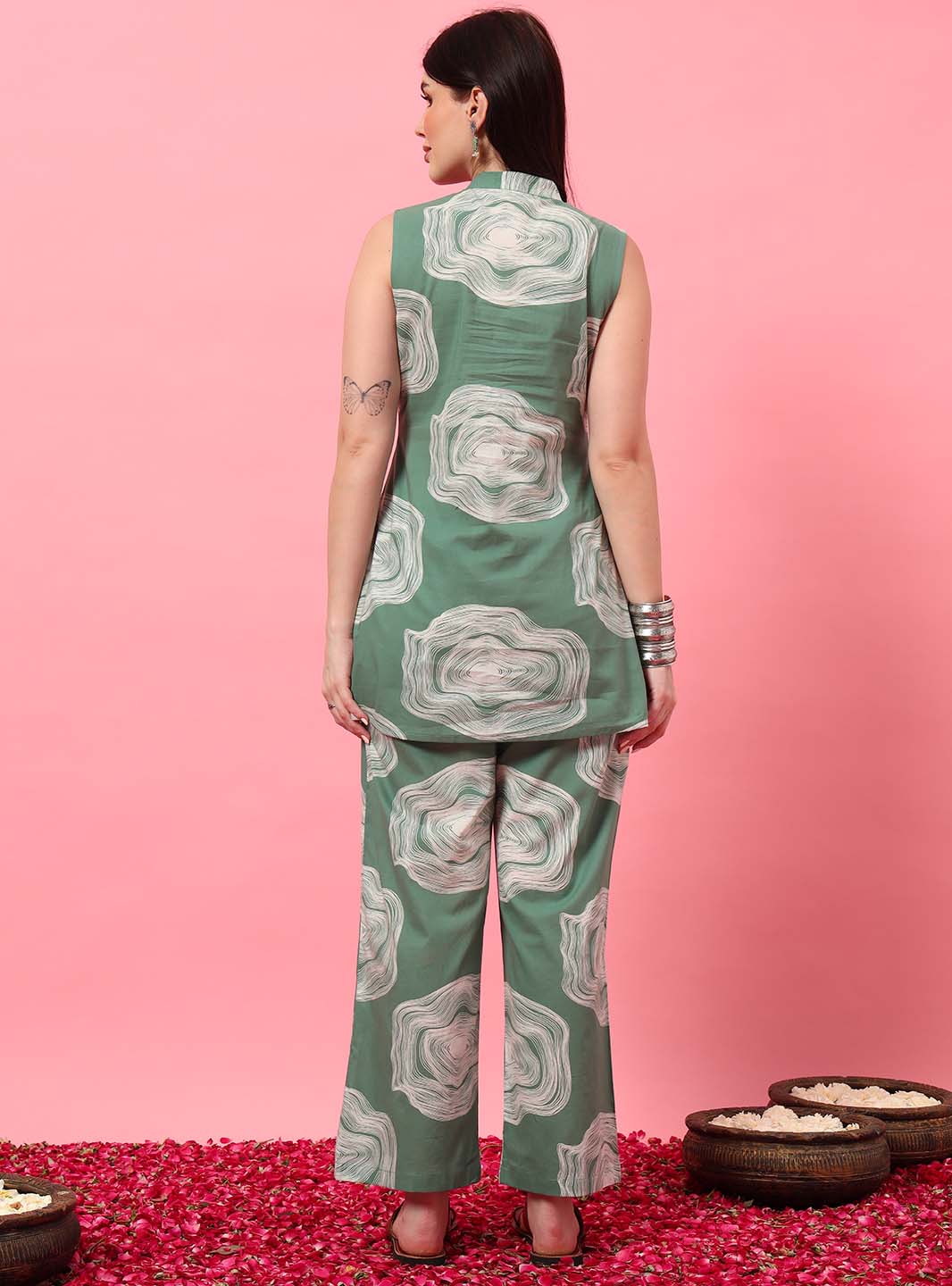 Mint Green Abstract Printed A - Line Co - ord Set with Mandarin Collar - Mahukaa