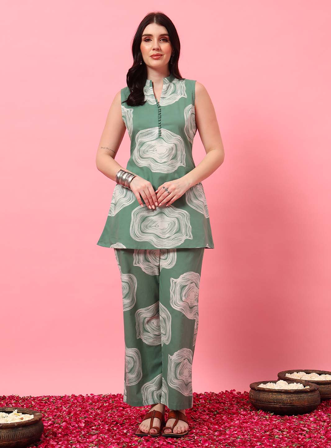 Mint Green Abstract Printed A - Line Co - ord Set with Mandarin Collar - Mahukaa
