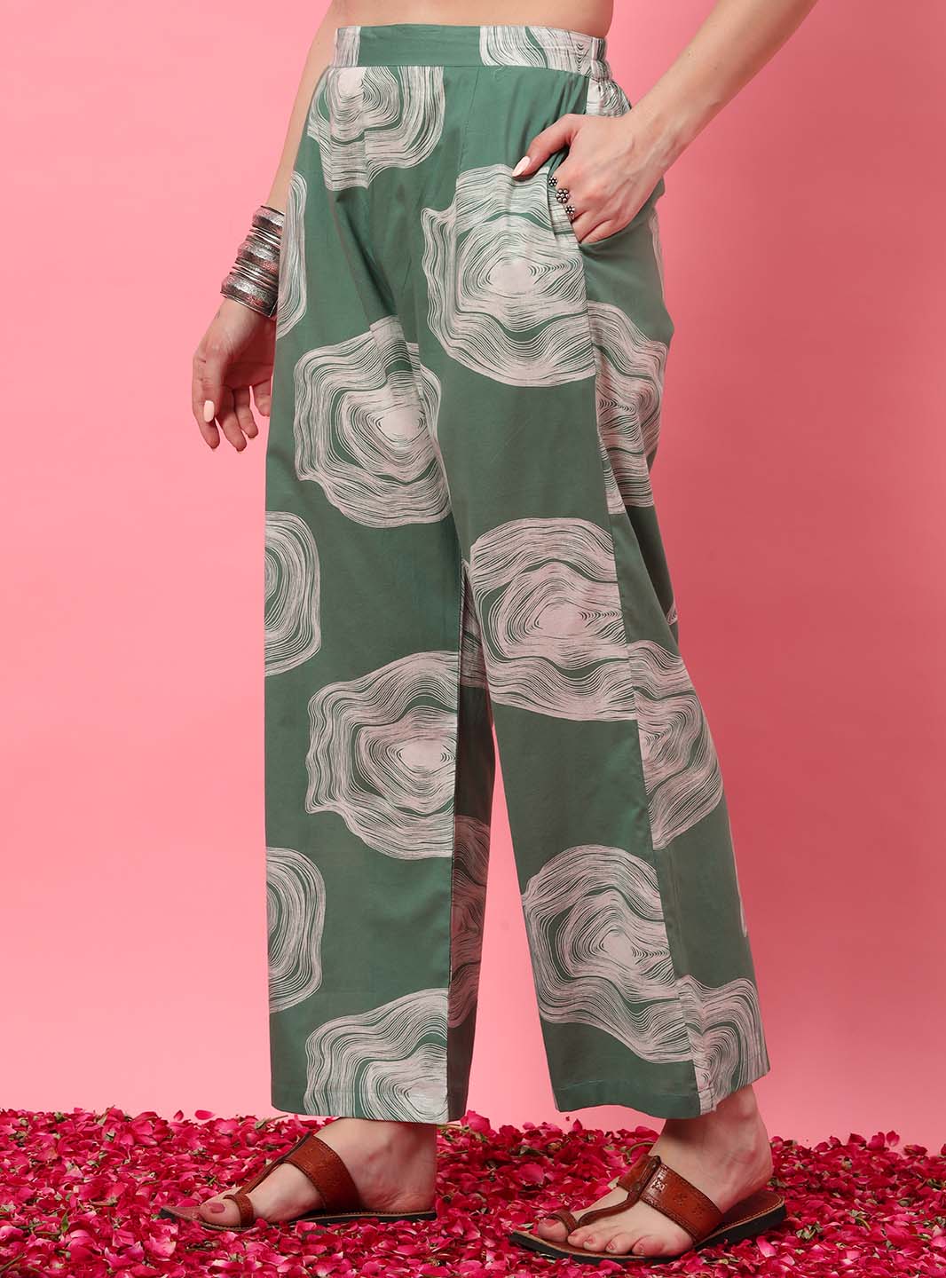 Mint Green Abstract Printed A - Line Co - ord Set with Mandarin Collar - Mahukaa
