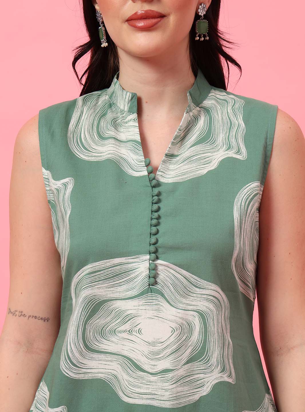 Mint Green Abstract Printed A - Line Co - ord Set with Mandarin Collar - Mahukaa