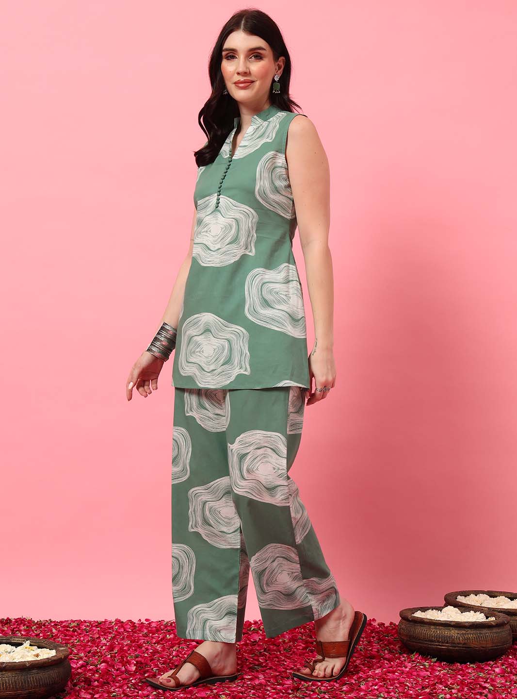 Mint Green Abstract Printed A - Line Co - ord Set with Mandarin Collar - Mahukaa