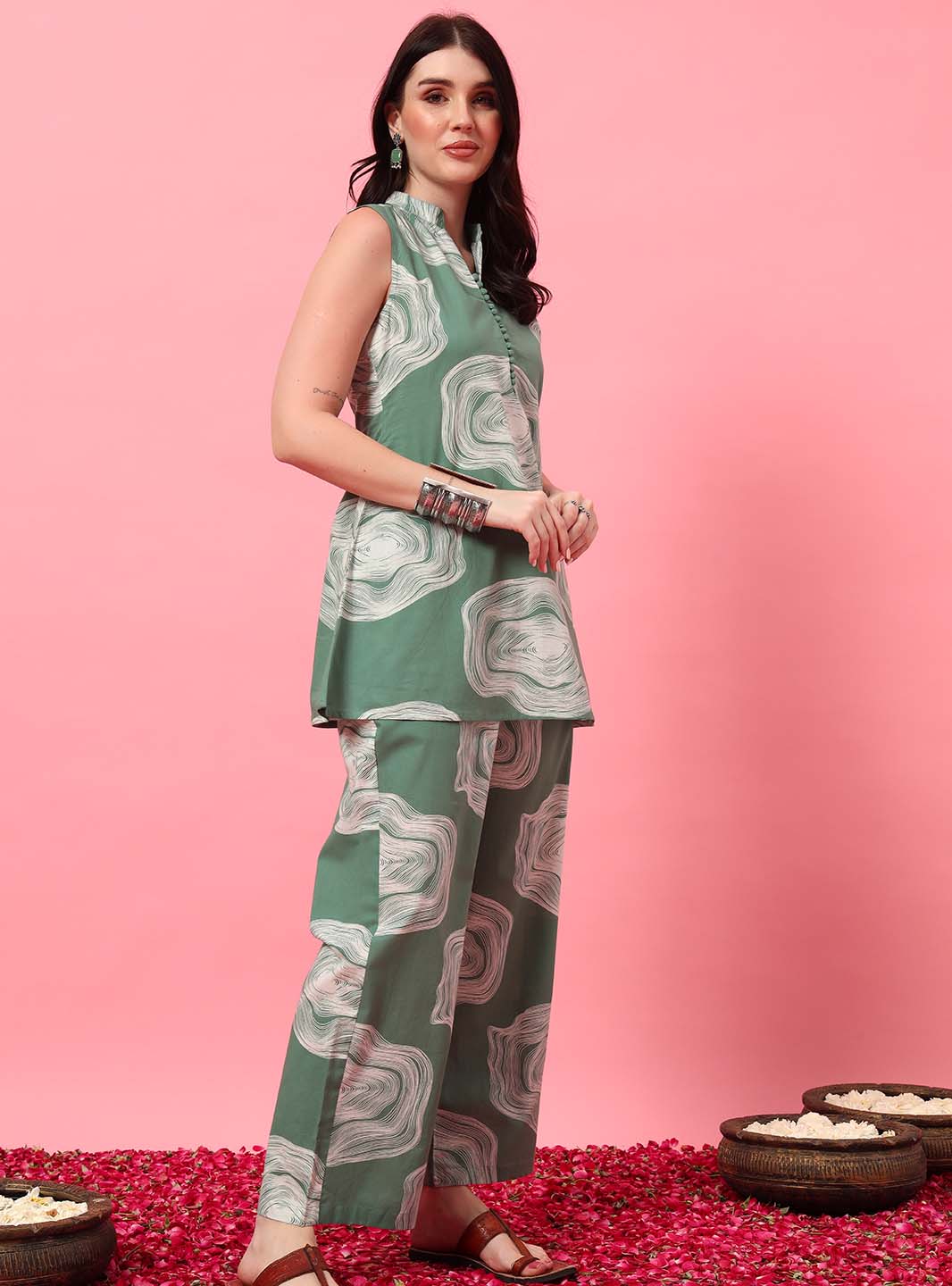 Mint Green Abstract Printed A - Line Co - ord Set with Mandarin Collar - Mahukaa