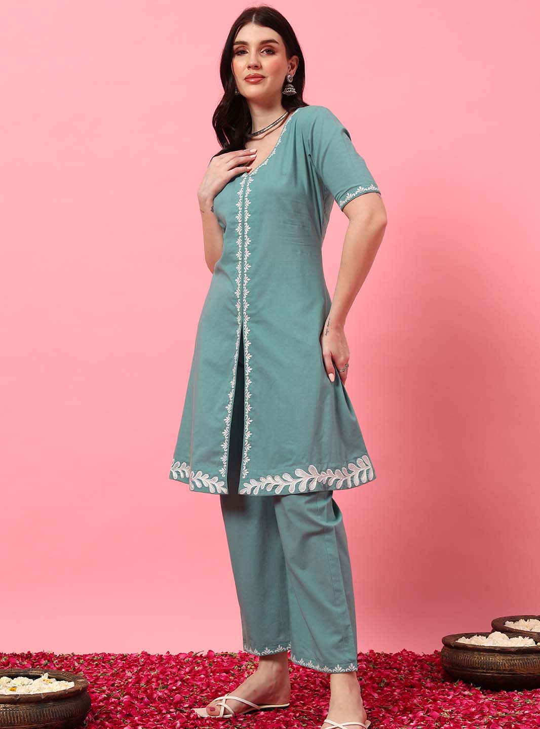 Mint Green Embroidered A - Line Co - ord Set with Round V - Neck Square - Mahukaa