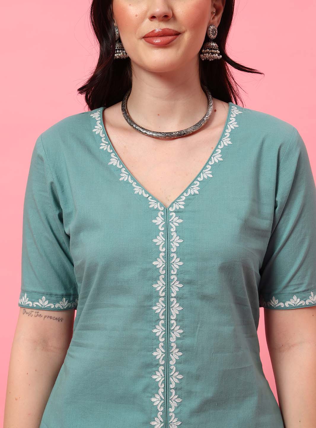 Mint Green Embroidered A - Line Co - ord Set with Round V - Neck Square - Mahukaa