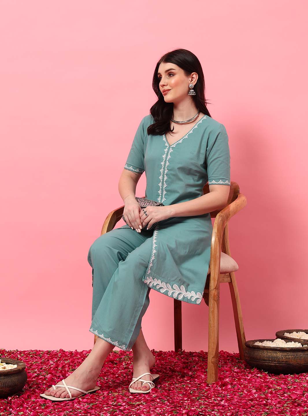 Mint Green Embroidered A - Line Co - ord Set with Round V - Neck Square - Mahukaa