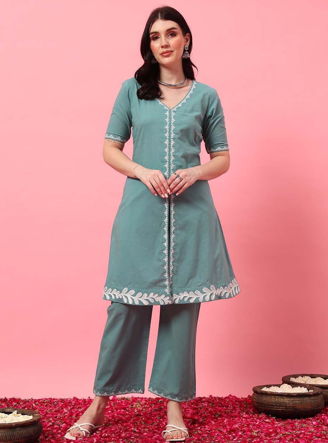 Mint Green Embroidered A - Line Co - ord Set with Round V - Neck Square - Mahukaa