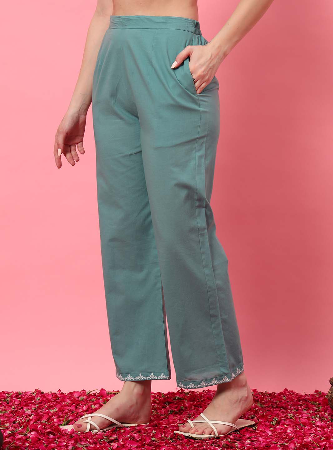 Mint Green Embroidered A - Line Co - ord Set with Round V - Neck Square - Mahukaa