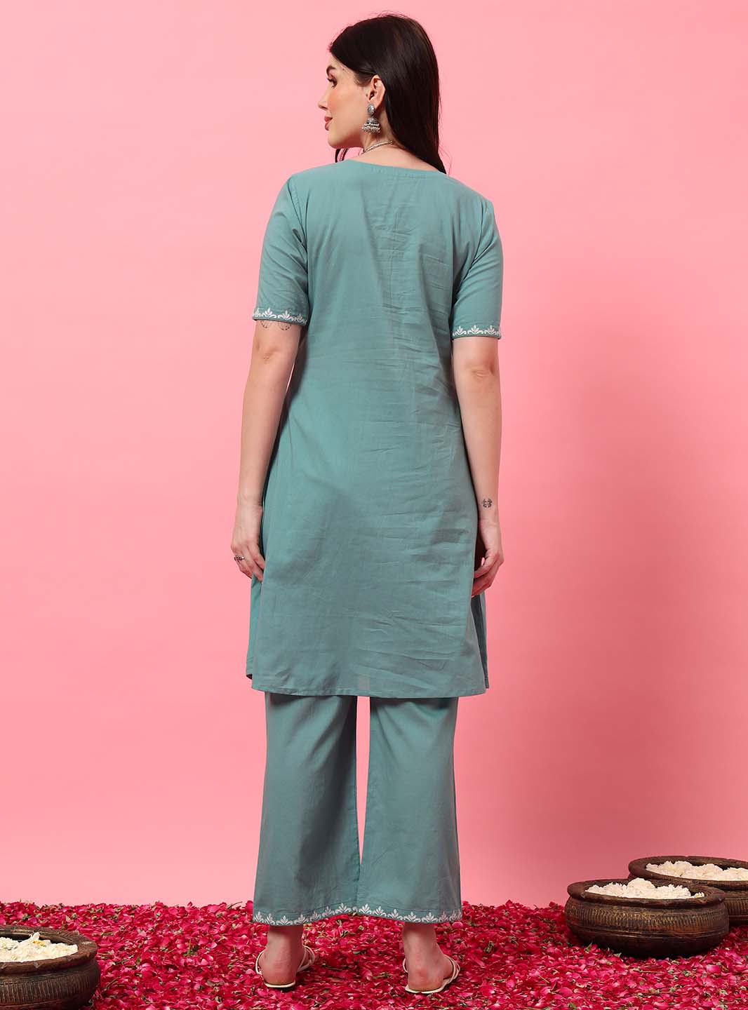 Mint Green Embroidered A - Line Co - ord Set with Round V - Neck Square - Mahukaa