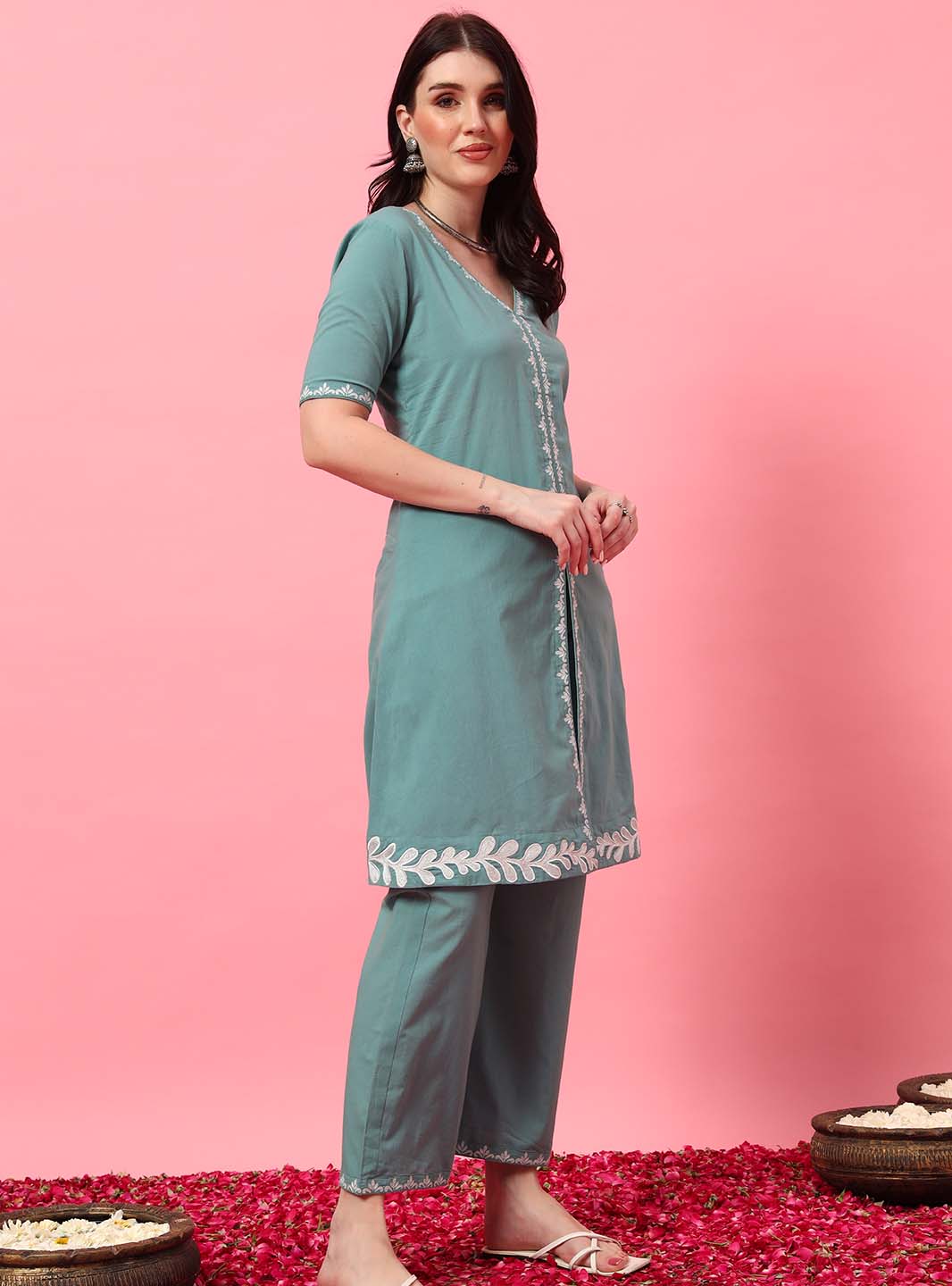 Mint Green Embroidered A - Line Co - ord Set with Round V - Neck Square - Mahukaa