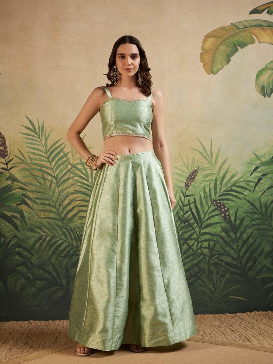 Mint Green Embroidered Fusion Set with Sleeveless Jacket & Strap Blouse - Mahukaa